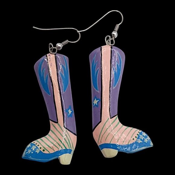 Cowboy Cowgirl Boot Earrings Wood Handpainted Dangle Rodeo Colorful Paper Mache - Picture 1 of 15